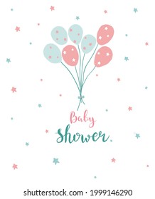 Baby Shower Printable Card with balloons. vector illustration in the doodle style in pink and blue colours Handwritten text Baby shower.