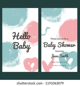Baby shower printable invitation card with lettering. Vector illustration with hand drawn colorful circles