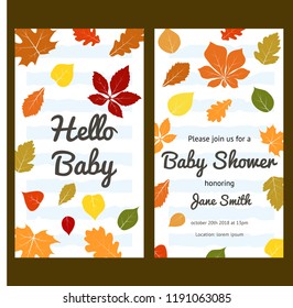 Baby shower printable invitation card with lettering. Vector illustration with autumn leaves