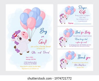 Baby Shower printable party invitation card template Baby boy or girl with Diaper Raffle, Book for baby and Thank you card. Invitation set with cute magical unicorn flying on balloons.