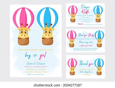 Baby Shower printable party invitation card template Baby boy or girl with Diaper Raffle, Book for baby and Thank you card. Invitation set with cute little giraffe flying on hot air balloon.