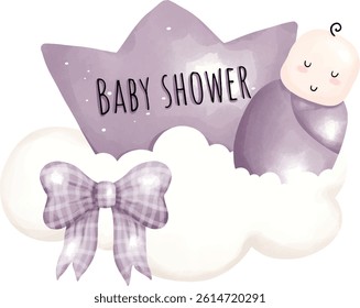 baby shower purple theme, baby shower element, cloud, crown