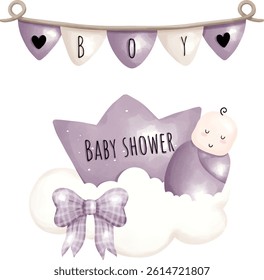 baby shower purple theme, baby shower element, cloud, crown