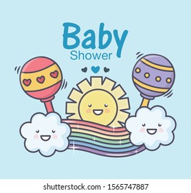 baby shower rattles toy sun rainbow clouds vector illustration