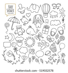 Baby shower related design elements set. Floral design elements for decoration. Cute shapes for baby shower holiday greeting cards. Hand drawn vintage illustration.