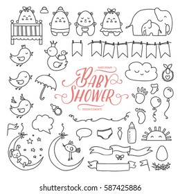 Baby shower related design elements set. Outline design elements for decoration. Cute shapes for baby shower holiday greeting cards. Hand drawn vintage illustration.