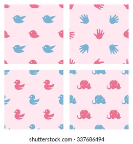 Baby shower related four seamless patterns. Birds, duck, elephant and palm print cartoon vector shapes. Perfect for textile design, prints and other decoration needs.