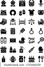 baby shower related water tub, duck, gift box, pillow, book, diaper, cap, socks, carriage, baby faces, safety pin, rattle drum, and genders sign vectors in solid design