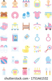 baby shower related water tub, duck, gift box, pillow, book, diaper, cap, socks, carriage, baby faces, safety pin, rattle drum, and genders sign vectors in flat style