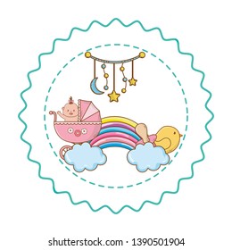 Baby shower round label stamp with cartoons