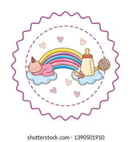 Baby shower round label stamp with cartoons