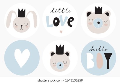 Baby Shower Round Shape Vector Tags. Baby Boy Party Cake Toppers. Sweet Bunny and Funny Bear Isolated on a White. Handwritten Hello Boy and Little Love Stickers. Teddy Bear and Rabbit Wearing a Crown.