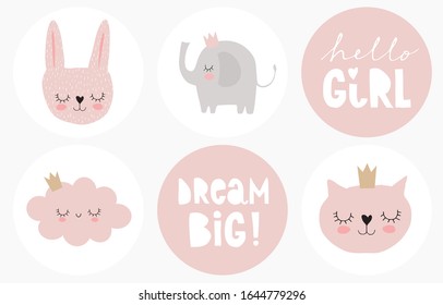 Baby Shower Round Shape Vector Tags. Baby Girl Party Cake Toppers. Sweet Bunny, Fluffy Cloud, White Cat and Funny Elephant  on a White and Pink Background. Hello Girl and Dream Big Stickers. 