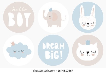 Baby Shower Round Shape Vector Tags.Baby Boy Party Cake Toppers.Sweet Bunny, Fluffy Cloud, White Cat and Funny Elephant Isolated on a White,Blue and Beige Background.Hello Boy and Dream Big Stickers. 