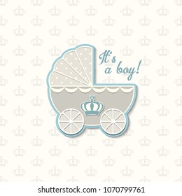 baby shower with royal crown and blue vintage stroller, vector illustration, eps 10 with transparency