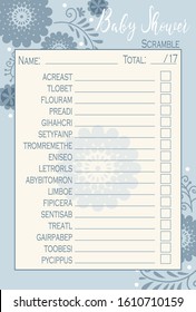 Baby Shower Scramble Layout Template with Spring Round Flowers and decorative fern, Light Blue Color Do it Yourself  Game with Floral theme for boy, mommy to be activity card