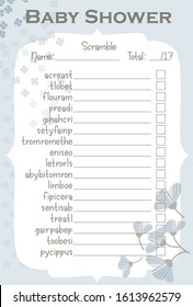 Baby Shower Scramble Layout Template with Flowers Color Light Blue and Tan, Do it Yourself Word Game with Floral theme for boy and girl, Tulips and small clover leafs, mommy to be activity card
