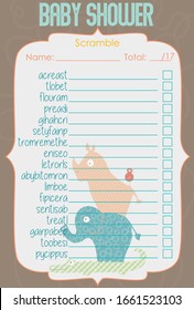 Baby Shower Scramble Layout Template, Tan color Arrival date announcement Jungle Animal theme for boy and girl, Unisex mommy to be game card, Alligator, Elephant, Rhinoceros and bird tower