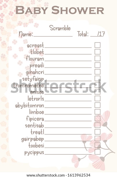 Baby Shower Scramble Layout Template Flowers Stock Vector Royalty Free 1613962534