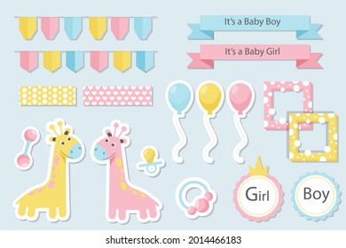Diseño de un elemento de la libreta de raspones de la ducha para bebés. Etiqueta gráfica infantil. Plantilla de pegatinas para niños. Decoración de niños, decoración sencilla. Ilustración vectorial.   