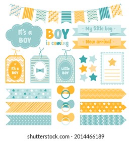 Babydusche Scrapbook-Design. Kid-Grafik-Label. Vorlage für Kinderaufkleber. Kinderdekoration, einfache Doodle-Set. Vektorgrafik.   