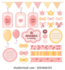 Diseño de un elemento de la libreta de raspones de la ducha para bebés. Etiqueta gráfica infantil. Plantilla de pegatinas para niños. Decoración de niños, decoración sencilla. Ilustración vectorial.   