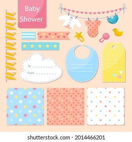 Diseño de un elemento de la libreta de raspones de la ducha para bebés. Etiqueta gráfica infantil. Plantilla de pegatinas para niños. Decoración de niños, decoración sencilla. Ilustración vectorial.   