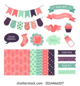 Baby shower scrapbook element design. Kid graphic label. Child sticker template. Baby decoration simple doodle set. Vector illustration.   