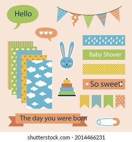 Diseño de un elemento de la libreta de raspones de la ducha para bebés. Etiqueta gráfica infantil. Plantilla de pegatinas para niños. Decoración de niños, decoración sencilla. Ilustración vectorial.   