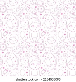 Babydusche. Nahtloser Hintergrund, Textur, Hintergrund, Muster, Tapete mit Kindercartoon-Doodle-Spielzeug. Erziehungsspiele für die Illustration von Kindern.