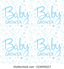 Baby shower. Seamless background, texture, backdrop, pattern, wallpaper with children cartoon doodle toys. Educational games for kids illustration.