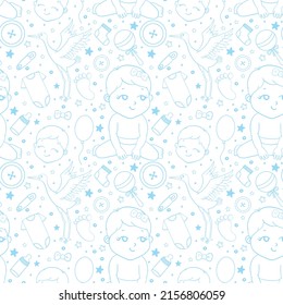 Baby shower. Seamless background, texture, backdrop, pattern, wallpaper with children cartoon doodle toys. Educational games for kids illustration.