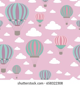 Baby Shower Seamless pattern with air balloons and cute clouds. Vector illustration