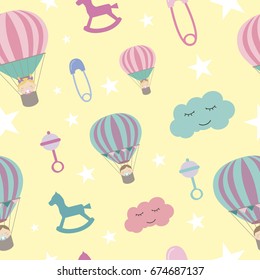 Baby Shower Seamless pattern with air balloons and cute clouds. Vector illustration