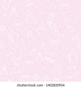 Baby shower. Seamless pattern background, texture. Fabric design and decor. Cartoon doodle set toys. Newborn baby collection