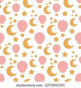 Babydusche nahtlose Muster mit Ballon, Mond und Sternen auf weißem Hintergrund. Das ist ein Mädchen. Vektorgrafik