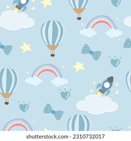 Baby shower seamless pattern  for boy with balloon, cloud,sky, elephant,sun