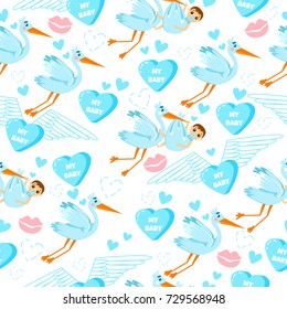 Baby shower. Seamless pattern for boys with stork, kiss, love, hearts and kids. 