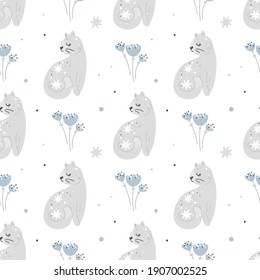 Baby shower seamless pattern with cats, flowers and stars. Kids pattern