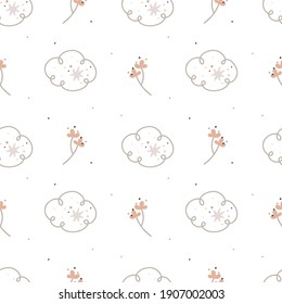 Baby shower seamless pattern with clouds and flowers, boho style. Kids pattern