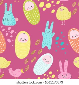 Baby Shower Seamless Pattern with Cute Bunnies, Birds and Newborn. Childish Background with Adorable Children and Animals for Fabric, Wallpaper, Decoration. Vector illustration