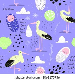 Baby Shower Seamless Pattern with Cute Stork and Newborn Child. Baby Background for Decoration, Wallpaper, Fabric. Vector illustration