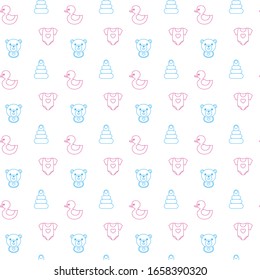 Baby shower seamless pattern with cute toy duck, teddy bear, playsuit, pyramid. Print design for baby goods and clothes