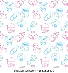 Kinderdusche nahtloses Muster mit süßem Jungen und Mädchen, Socken, Nippel, Babywagen, Teddybär, Spielzeugente und Beutelbeutel. Print-Design für Babyartikel und Kleidung