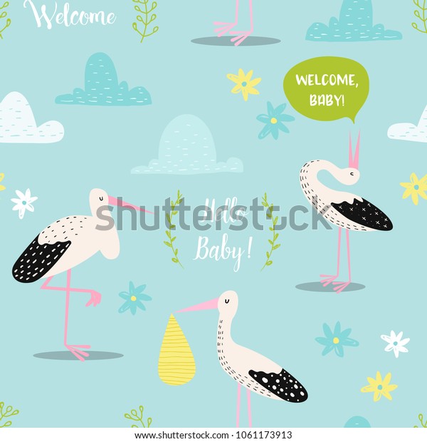 Baby Shower Seamless Pattern Cute Storks Stock Vector Royalty