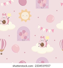 Baby shower seamless pattern  for girl with sky,balloon, sun,avocado