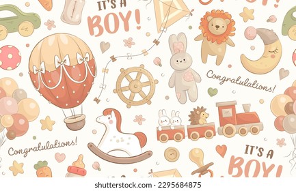 Baby shower seamless pattern with hand drawn cartoon toys. It's a boy. Vector illustration