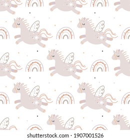 Baby shower seamless pattern with unicorn and rainbow, boho style. Kids pattern