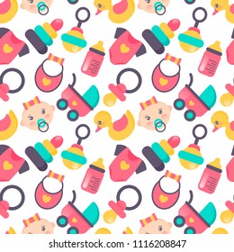 Baby shower seamless pattern. Vector illustration. Cute color design for gift wrapping paper, greeting cards, posters, banners, fabrics, textile, web, prints. It’s a girl
