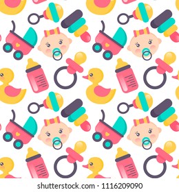 Baby shower seamless pattern. Vector illustration. Cute color design for gift wrapping paper, greeting cards, posters, banners, fabrics, textile, web, prints. It’s a girl